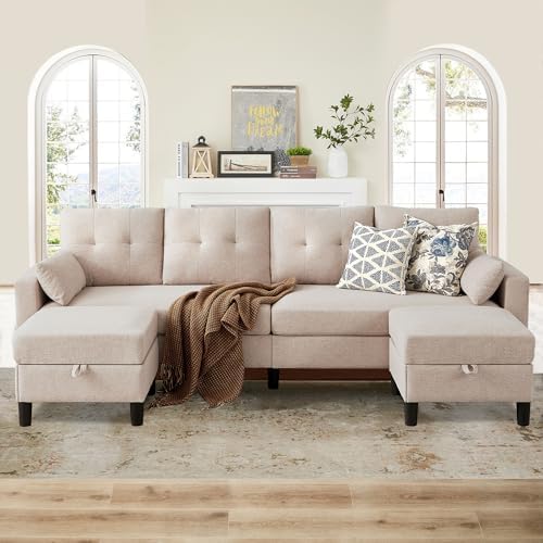 Sectional U Shape Sofa with Storage, 100" U Shaped 4 Seater Couch with 2 Movable Ottoman Chaises Polyester Fibre for Living Room, Beige