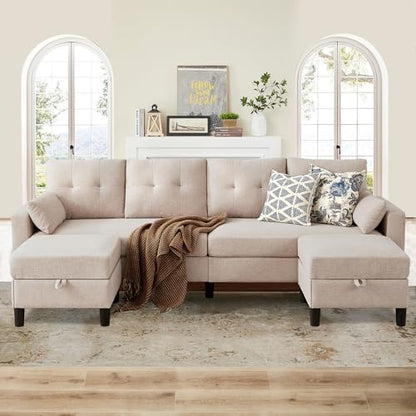 Sectional U Shape Sofa with Storage, 100" U Shaped 4 Seater Couch with 2 Movable Ottoman Chaises Polyester Fibre for Living Room, Beige