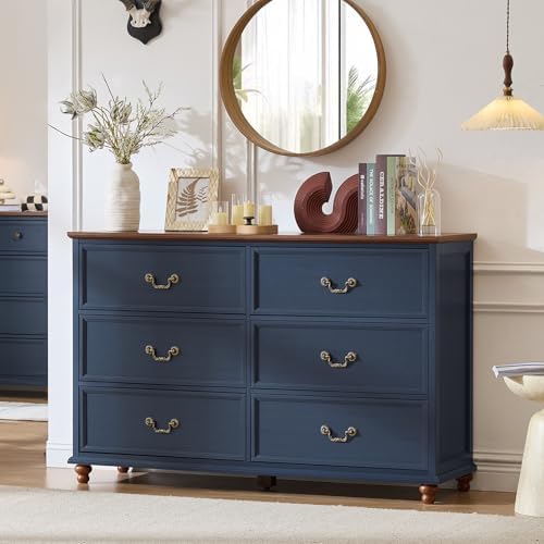 Joaxswe Farmhouse 6 Drawers Dresser for Bedroom, Vintage 54" Wide Chest of Drawers w/ 4 Wooden Legs, Rustic Large Closet Storage Dressers Organizer for Hallway, Wood TV Stand for Living Room, Blue