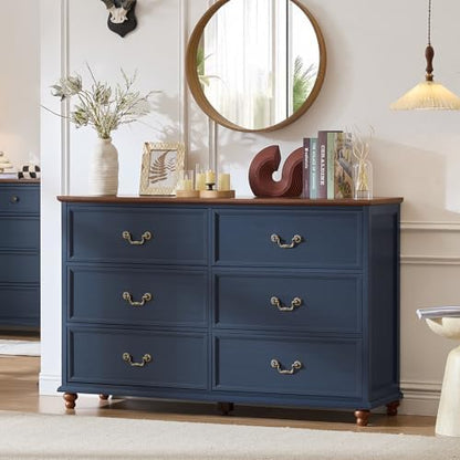 Joaxswe Farmhouse 6 Drawers Dresser for Bedroom, Vintage 54" Wide Chest of Drawers w/ 4 Wooden Legs, Rustic Large Closet Storage Dressers Organizer for Hallway, Wood TV Stand for Living Room, Blue