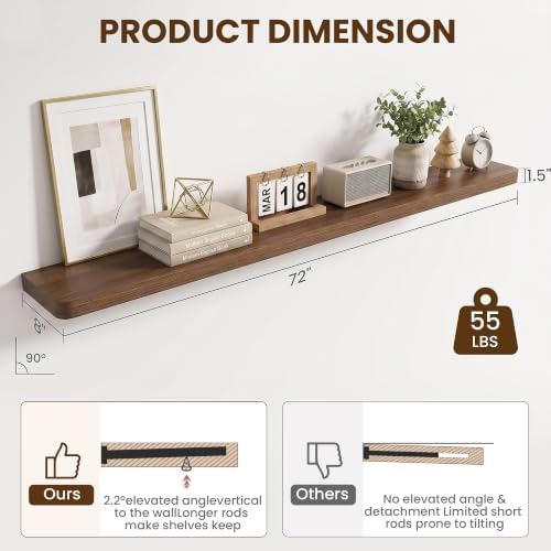 RICHFOCUS 72Inch Long Floating Shelves for Wall 1Pack, Walnut, 8" Deep