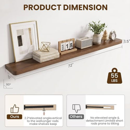 RICHFOCUS 72Inch Long Floating Shelves for Wall 1Pack, Walnut, 8" Deep