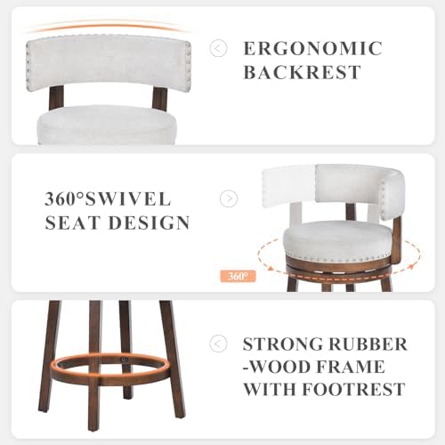 COLAMY Swivel Bar Stool, 25 Inch Wood Swivel Barstool with Back, Counter Height Bar Stools, Modern Upholstered Barstool for Kitchen Island Dining Room Bar, Beige