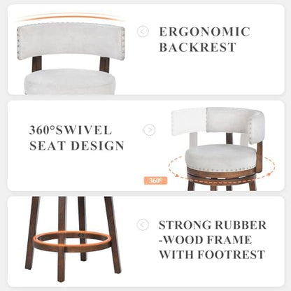 COLAMY Swivel Bar Stool, 25 Inch Wood Swivel Barstool with Back, Counter Height Bar Stools, Modern Upholstered Barstool for Kitchen Island Dining Room Bar, Beige