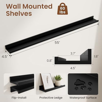 Heimlove Picture Ledge Shelf,56 inch Long Floating Shelves for Wall Set of 2,Black Picture Shelf with Lip for Wall Decor,Living Room,Bedroom,Bookshelf,Nursery,Perfume
