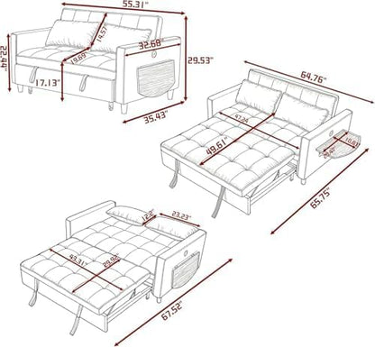 4 in 1 Convertible Sofa Bed, Pull Out Couch with Adjustable Backrest, Loveseat Sleeper Sofa Bed with USB Ports and Side Table, Couch Beds for Living Room, Bedroom, Apartment, Green