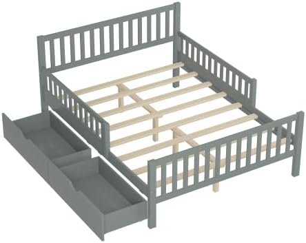 Bellemave Kids Full Bed Frame with Fences and 2 Drawers, Full Size Wooden Platform Bed with Guardrails on Both Sides for Boys Girls, Grey