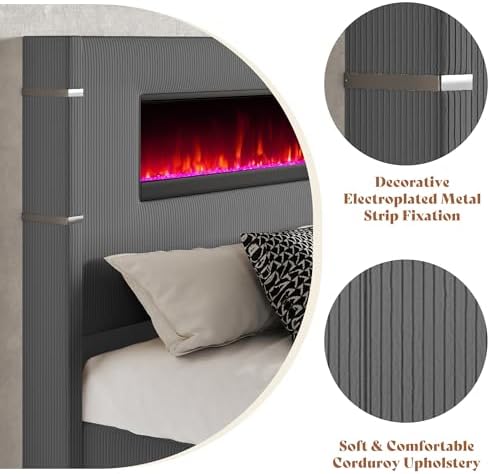 AMERLIFE Queen Bed Frame with Fireplace, Upholstered Headboard, Dark Gray