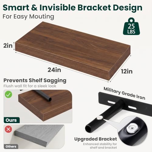 12 Inch Deep Floating Shelves Walnut, 24 Inch Long, 2" Thick Floating Shelves for Wall, Hidden Bracket, Scratch-Resistant Wood Grain for Bedroom Bathroom Kitchen, Coffee Bar, Bookshelf