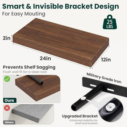 12 Inch Deep Floating Shelves Walnut, 24 Inch Long, 2" Thick Floating Shelves for Wall, Hidden Bracket, Scratch-Resistant Wood Grain for Bedroom Bathroom Kitchen, Coffee Bar, Bookshelf