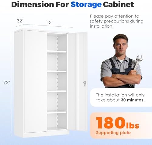 INTERGREAT Metal Storage Cabinet with Lock, 72" Office Storage Cabinet with Locking Doors and 4 Adjustable Shelves, White Lockable Steel Cabinet for Home Office, School