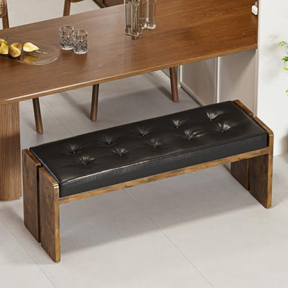 Upholstered Dining Bench with PU Leather Seat, Brown/Black