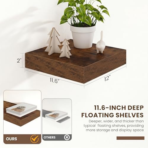 FLYJOE 12 Inch Deep Floating Shelves, 12'' x 12'' Brown Shelves Set of 2