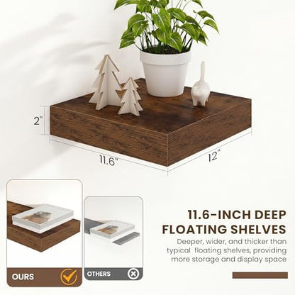 FLYJOE 12 Inch Deep Floating Shelves, 12'' x 12'' Brown Shelves Set of 2