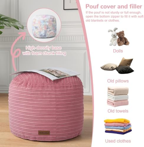 MeMoreCool Round Pouf Ottoman Foot Rest, Plush Floor Pouf, 20x15 Inch Pink