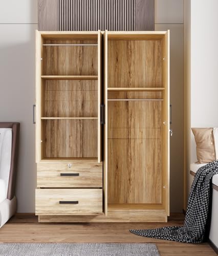 Woodpeckers Furniture And Mattress 4 Mirrored Doors Wardrobe 2 Drawers with Shelves 72 high (1 Mirror, Natural Oak)