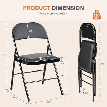 OLIXIS Padded Folding Chairs Set of 4, Portable Foldable Patio Dining Chairs, Heavy Duty Metal Frame, for Kitchen, Dining, Office, Wedding, Garden, Party, Outdoor, Indoor, Black