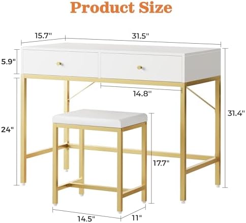 SUPERJARE 31.5" White and Gold Desk with 2 Drawers, Modern Makeup Vanity