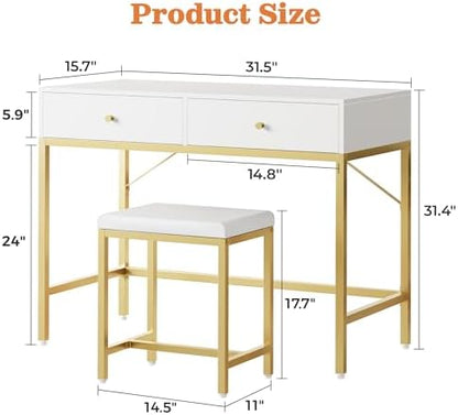 SUPERJARE 31.5" White and Gold Desk with 2 Drawers, Modern Makeup Vanity