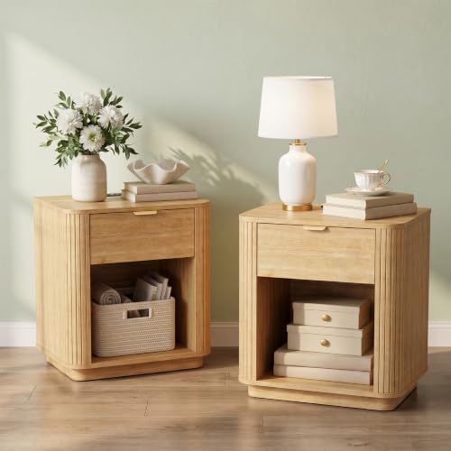 Modern Nightstands Set of 2 with Charging Station, Natural Oak