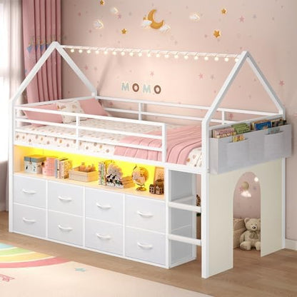Low Loft Bed Twin Size with 8 Storage Drawers, LED House Loft Bed