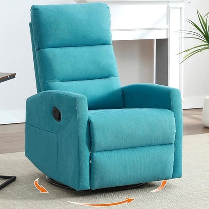 Luxlen 360° Swivel Rocking Chair for Nursery, Manual Glider Chair Nursing Chair with Side Pockets, Polyester Glider for Living Room, Heavy Duty Motion Mechanism, Blue