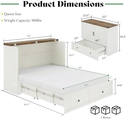 AMERLIFE Queen Distressed White Murphy Bed with 6" Tri-Fold Foam Mattress