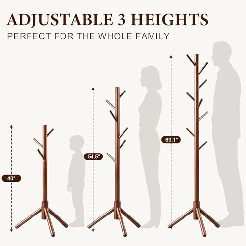 2 PC Wooden Coat Rack Freestanding with 8 Hooks & 3 Adjustable Sizes for Clothes, Space-Saving Design for Bedroom Office Entrance Holds Hats Coats Scarves Bags