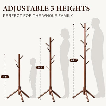 2 PC Wooden Coat Rack Freestanding with 8 Hooks & 3 Adjustable Sizes for Clothes, Space-Saving Design for Bedroom Office Entrance Holds Hats Coats Scarves Bags