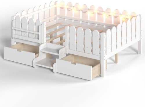 Bellemave Full Size Platform Bed with Storage Drawers & Bookshelf for Boys Girls, Kids Full Bed Frame with LED Lights & Stairs for Children's Room, White