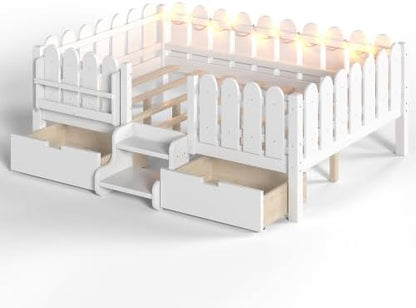 Bellemave Full Size Platform Bed with Storage Drawers & Bookshelf for Boys Girls, Kids Full Bed Frame with LED Lights & Stairs for Children's Room, White
