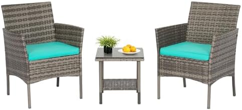 FDW 3-Piece Patio Furniture Set | Gray & Blue | Outdoor Wicker Furniture