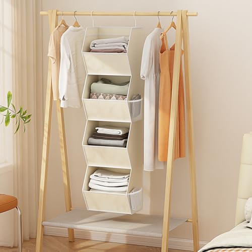 Hanging Closet Organizer 4 Shelf Collapsible Fabric Closet Organizers and Storage Hanging with Mesh Pocket for Clothes, Hanging Wardrobe Organizers and Storage for Sweater T-Shirt Shoes Toys, Beige