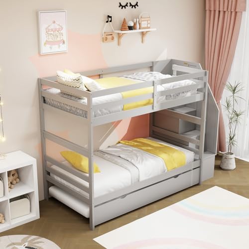 KOMFOTT Wood Twin Over Twin Bunk Bed with Trundle & Storage Stairs, Bunk Bed Frame with Protective Guardrails for Kids Room, Bedroom, Convertible to 2 Separated Beds, No Box Spring Needed (Grey)