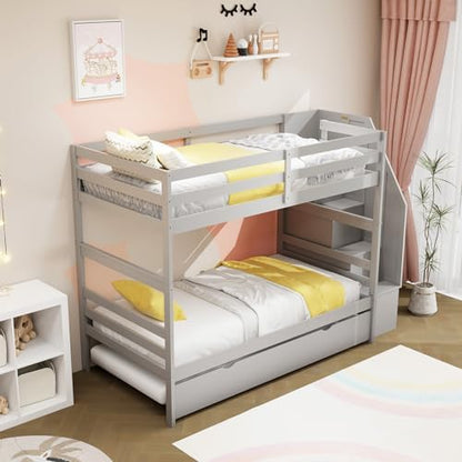 KOMFOTT Wood Twin Over Twin Bunk Bed with Trundle & Storage Stairs, Bunk Bed Frame with Protective Guardrails for Kids Room, Bedroom, Convertible to 2 Separated Beds, No Box Spring Needed (Grey)