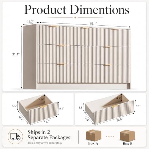 Beige 7 Drawer Dresser for Bedroom, 55.1" Wide Fluted Wood Dresser