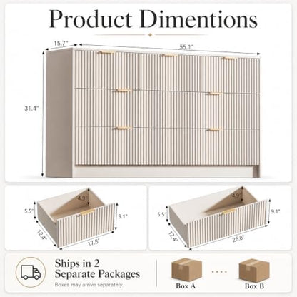 Beige 7 Drawer Dresser for Bedroom, 55.1" Wide Fluted Wood Dresser