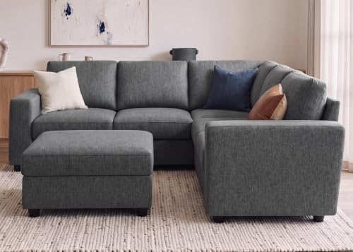 HONBAY 6 Seats 80 Inch L Shaped Sectional Sofa with Ottoman,Light Grey