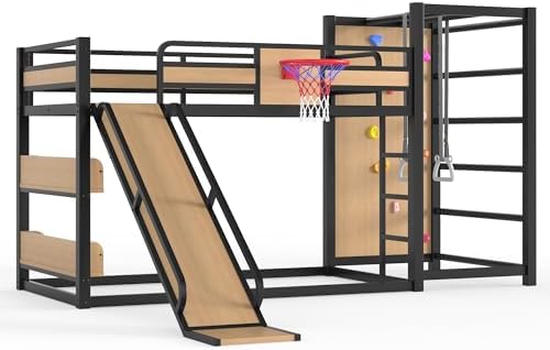 Twin Over Twin Metal Bunk Bed with Slide and Storage for Kids, Yellow