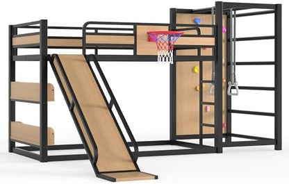 Twin Over Twin Metal Bunk Bed with Slide and Storage for Kids, Yellow