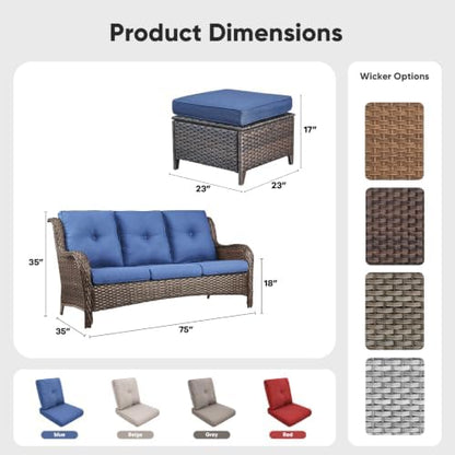 Belord 3-Piece PE Wicker Outdoor Sofa with 2 Ottomans, Luxury Patio Couch Convertible to Chaise Lounge, All-Weather High Back Deep Seat Woven Furniture for Deck, Porch - Brown/Blue