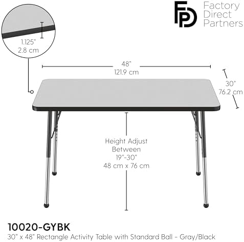 FDP 30" x 48" Rectangle Table with Ball Glide Legs - Gray/Black