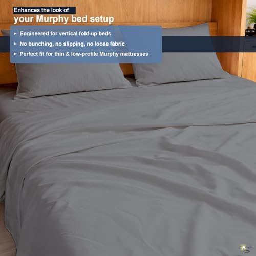 Cottington Lane Stone Grey Sheets for Murphy Bed Mattress, 4 Piece Premium Ultra Soft Brushed Microfiber Queen Size Wall Bed Sheet Set, 6-10 Inch Deep Pocket with All-Around Elastic
