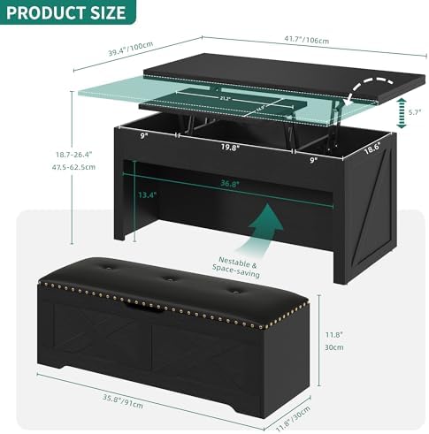 YITAHOME Lift Top Coffee Table Set with Storage Ottoman Bench & Wheels, 4 in 1 Convertible Dinning Center Tables with Hidden Compartment, Farmhouse Coffee Tables for Living Room Furniture, Black