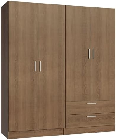 Madesa 4 Doors 2 Drawers Wardrobe Set Armoire Closet Bedroom Storage Cabinet with Shelves and Hanging Space 63" L Wooden Clothing Organizer Unit - Rustic