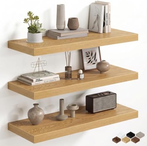 12 Inch Deep Floating Shelves, 32W x 12D Floating Shelf for Books, Rustic Wood Deep Wall Shelves for Home Storage & Display, 1.5" Thicked Shelves for Kitchen, Living Room, Bedroom, Oak, 3 Pack