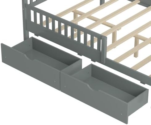 Bellemave Kids Full Bed Frame with Fences and 2 Drawers, Full Size Wooden Platform Bed with Guardrails on Both Sides for Boys Girls, Grey