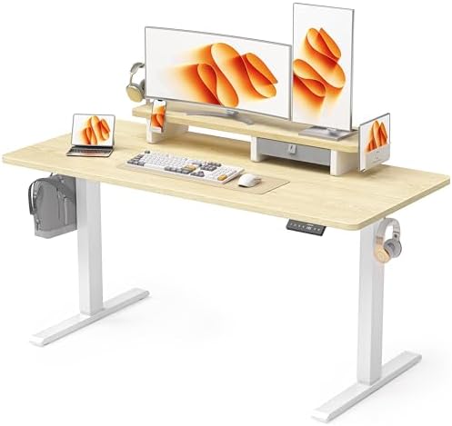 63x24 Inches Electric Standing Desk with Drawer and Monitor Stand, Height Adjustable Sit to Stand up Desk for Home Office, Ergonomic Computer Table with Phone Holder, 3 Hooks, Oak