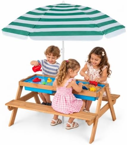 HONEY JOY Kids Picnic Table, 4 in 1 Cedar Wooden Sand & Water Table w/ 3 Removable Box & Umbrella, Kids Picnic Tables for Outdoors Backyard Garden, Toddler Patio Furniture Set for Boys Girls(Green)