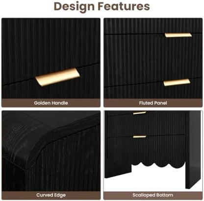 Scalloped Black 3 Drawer Dresser for Bedroom, 32'' Wide Large Drawer Nightstand,3 Drawer End Table Living Rooms, Offices, and Entryway